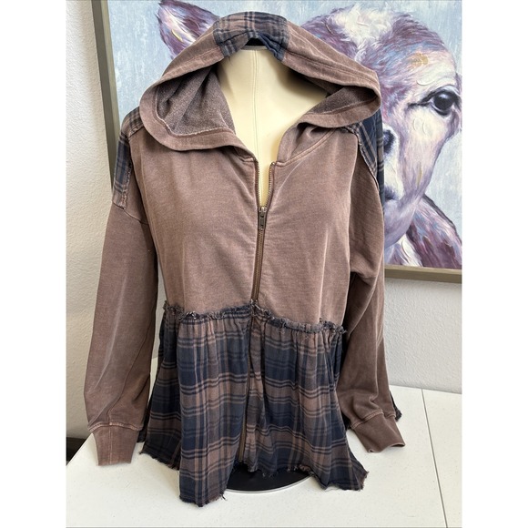 Lucky Brand Jackets & Blazers - Lucky Brand Women's XS Brown Blue‎ Distressed Plaid Full Zip Lightweight Jacket